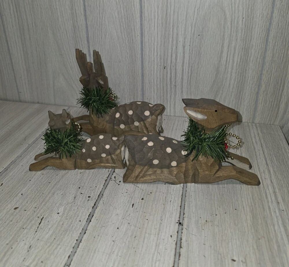 Wood Deer Family Buck Doe Fawn Wood Figures Christmas Decor Hand Carved Folk Art